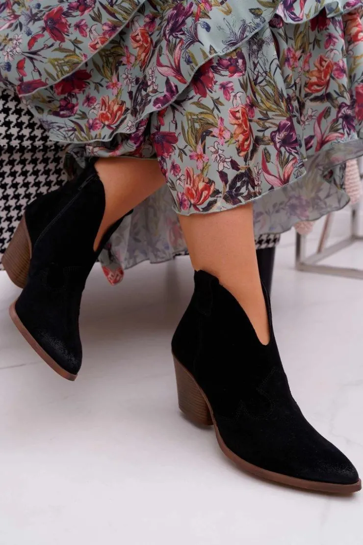 Damskie Boto Botki Damskie Czarne Skórzane na Obcasie Chavai