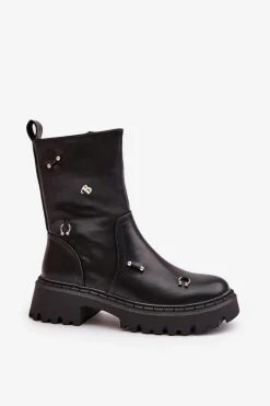 Damskie Boto Botki Damskie Eko Skórzane Na Zamek Z Ozdobnymi Detalami Czarne Reritha