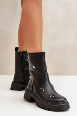 Damskie Boto Botki Damskie Eko Skórzane Na Zamek Z Ozdobnymi Detalami Czarne Reritha