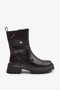 Damskie Boto Botki Damskie Eko Skórzane Na Zamek Z Ozdobnymi Detalami Czarne Reritha
