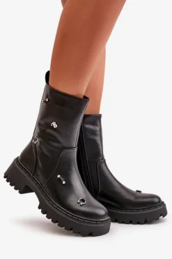 Damskie Boto Botki Damskie Eko Skórzane Na Zamek Z Ozdobnymi Detalami Czarne Reritha