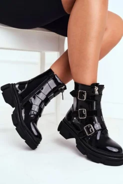 Damskie Boto Botki Damskie Klamry Suwaki Lakierowane Czarne Kassandra