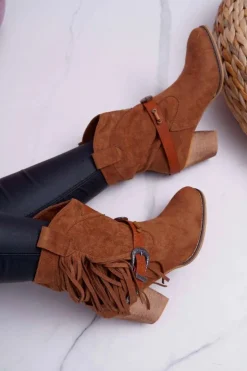 Damskie Boto Botki Damskie Kowbojki z Klamrą Brązowe Marciapo