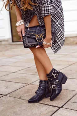 Damskie Boto Botki Damskie Kowbojki z Klamrami Czarne West