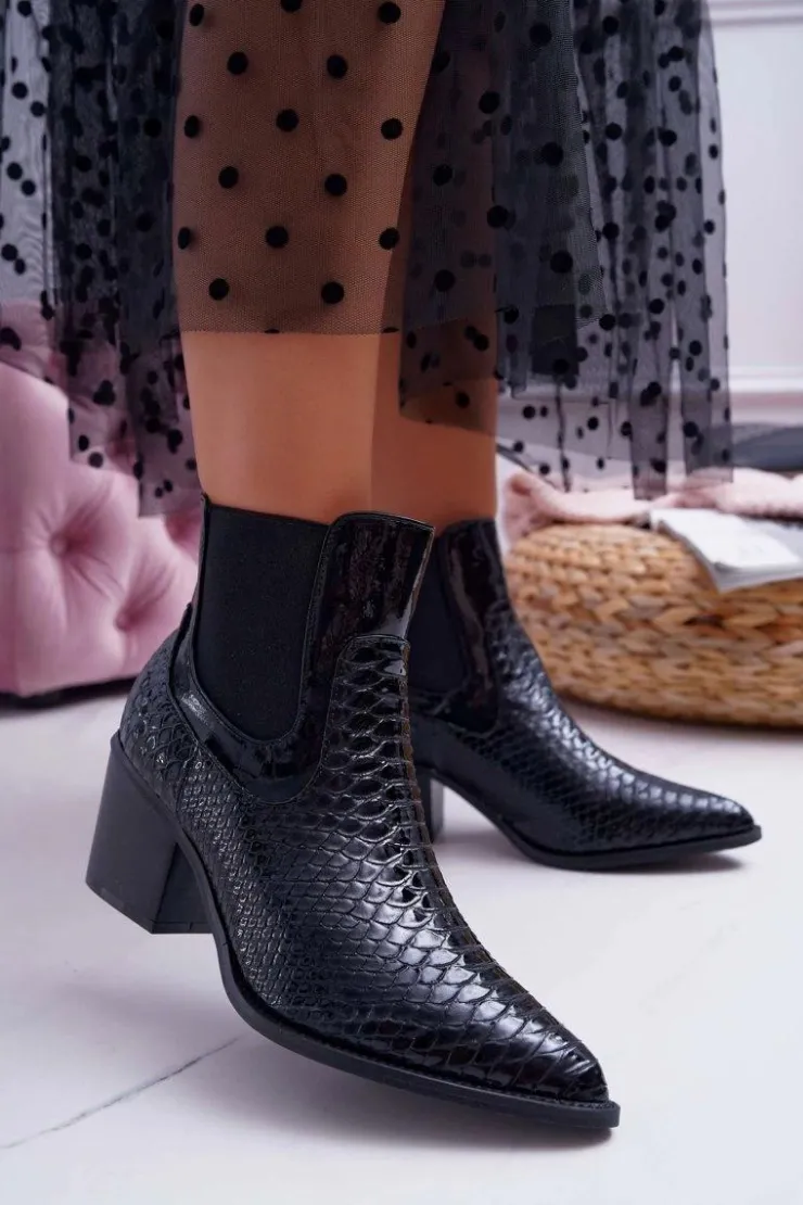 Boto Botki Na Słupku|Botki Zimowe Damskie*Botki Damskie Lakierowane Wsuwane Czarne Dorine