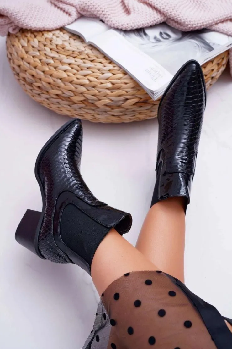 Boto Botki Na Słupku|Botki Zimowe Damskie*Botki Damskie Lakierowane Wsuwane Czarne Dorine