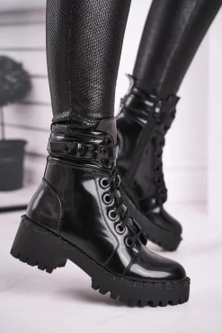 Damskie Boto Botki Damskie Lakierowane Czarne Head Up