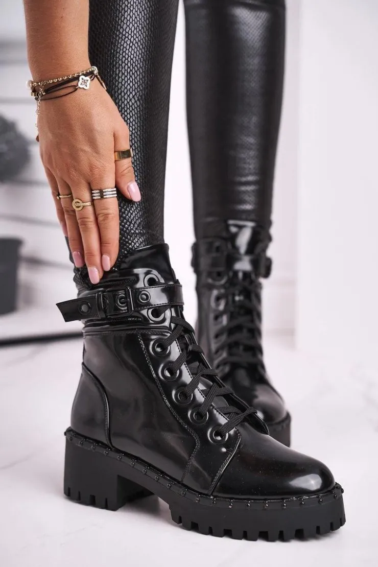 Damskie Boto Botki Damskie Lakierowane Czarne Head Up