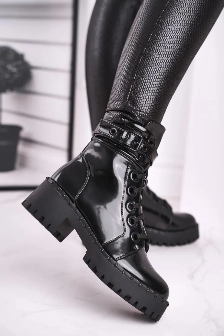 Damskie Boto Botki Damskie Lakierowane Czarne Head Up