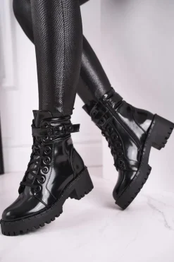 Damskie Boto Botki Damskie Lakierowane Czarne Head Up