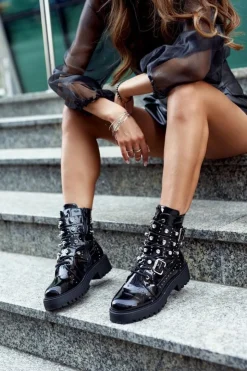 Damskie Boto Botki Damskie Lakierowane Czarne Camelia