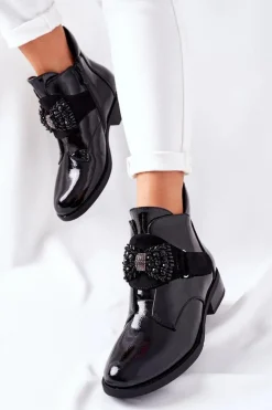 Damskie Damskie buty S.Barski Botki Damskie Lakierowane Czarne Kryształy Schuler