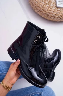 Damskie buty S.Barski Botki Sznurowane|Botki Zimowe Damskie*Botki Damskie Lakierowane Płaskie Czarne Barski 39-2