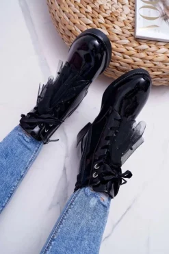 Damskie buty S.Barski Botki Sznurowane|Botki Zimowe Damskie*Botki Damskie Lakierowane Płaskie Czarne Barski 39-2