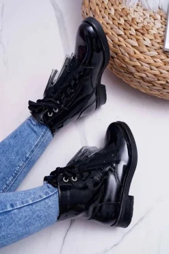 Damskie buty S.Barski Botki Sznurowane|Botki Zimowe Damskie*Botki Damskie Lakierowane Płaskie Czarne Barski 39-2