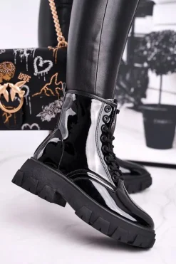 Boto Damskie Trapery|Botki Sznurowane*Botki Damskie Lakierowane Trapery Czarne Linzo