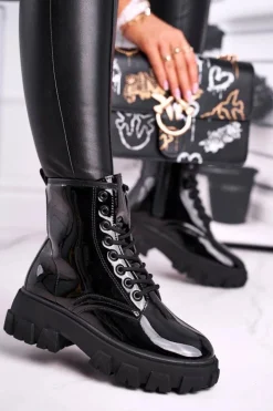 Boto Damskie Trapery|Botki Sznurowane*Botki Damskie Lakierowane Trapery Czarne Linzo