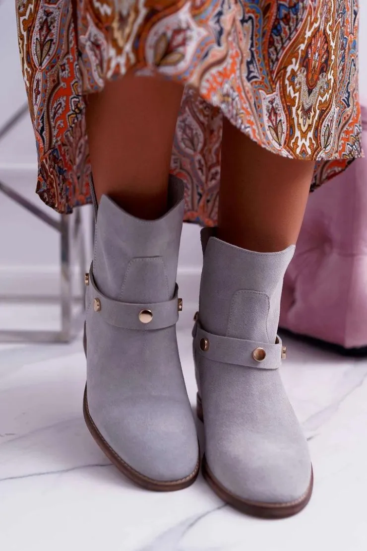 Laura Messi Botki Wiosenne|Botki Na Koturnie*Botki Damskie 1890 Skóra Zamsz Szare Darmah