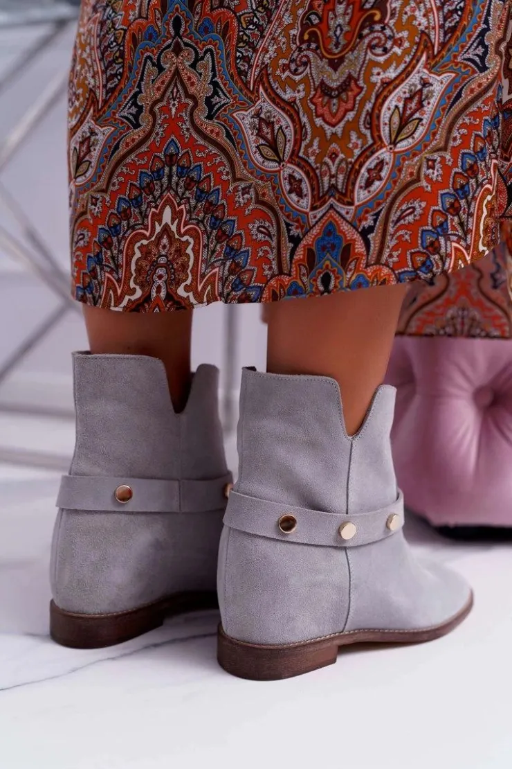 Laura Messi Botki Wiosenne|Botki Na Koturnie*Botki Damskie 1890 Skóra Zamsz Szare Darmah