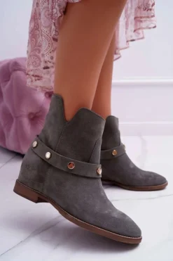 Laura Messi Botki Wiosenne|Botki Na Koturnie*Botki Damskie 1890 Skóra Zamsz Oliwkowe Darmah