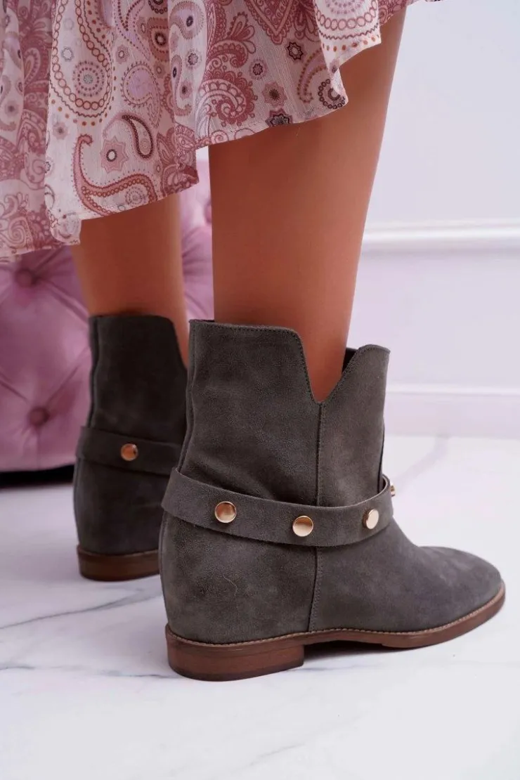 Laura Messi Botki Wiosenne|Botki Na Koturnie*Botki Damskie 1890 Skóra Zamsz Oliwkowe Darmah