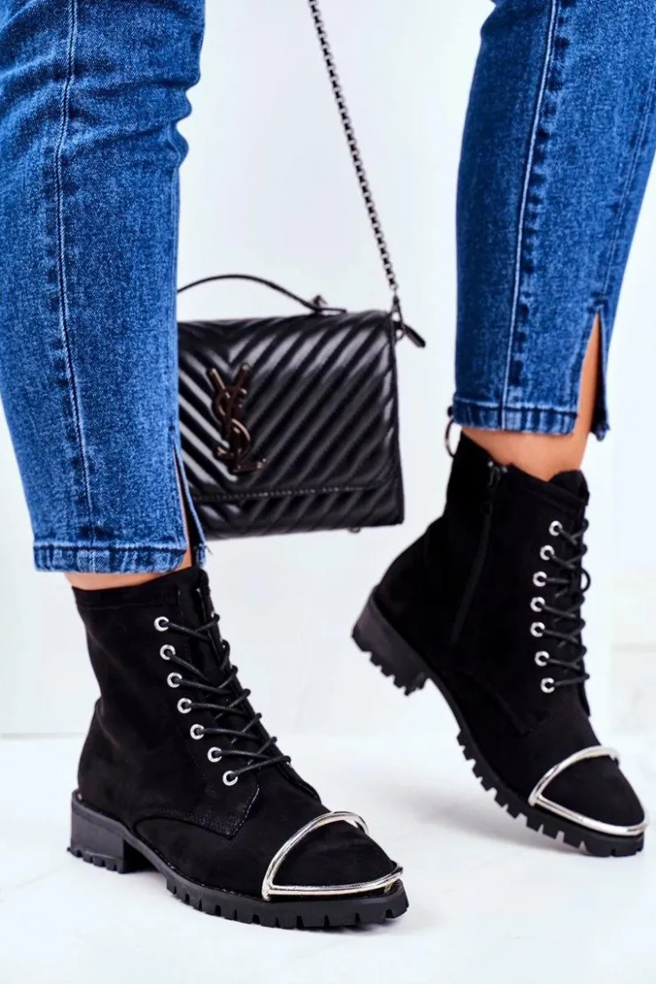 Boto Botki Sznurowane|Botki Workery*Botki Damskie Lu Boo Czarne Zamszowe Workery ze Stalową Oprawą Jacksy