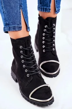 Boto Botki Sznurowane|Botki Workery*Botki Damskie Lu Boo Czarne Zamszowe Workery ze Stalową Oprawą Jacksy