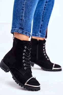 Boto Botki Sznurowane|Botki Workery*Botki Damskie Lu Boo Czarne Zamszowe Workery ze Stalową Oprawą Jacksy