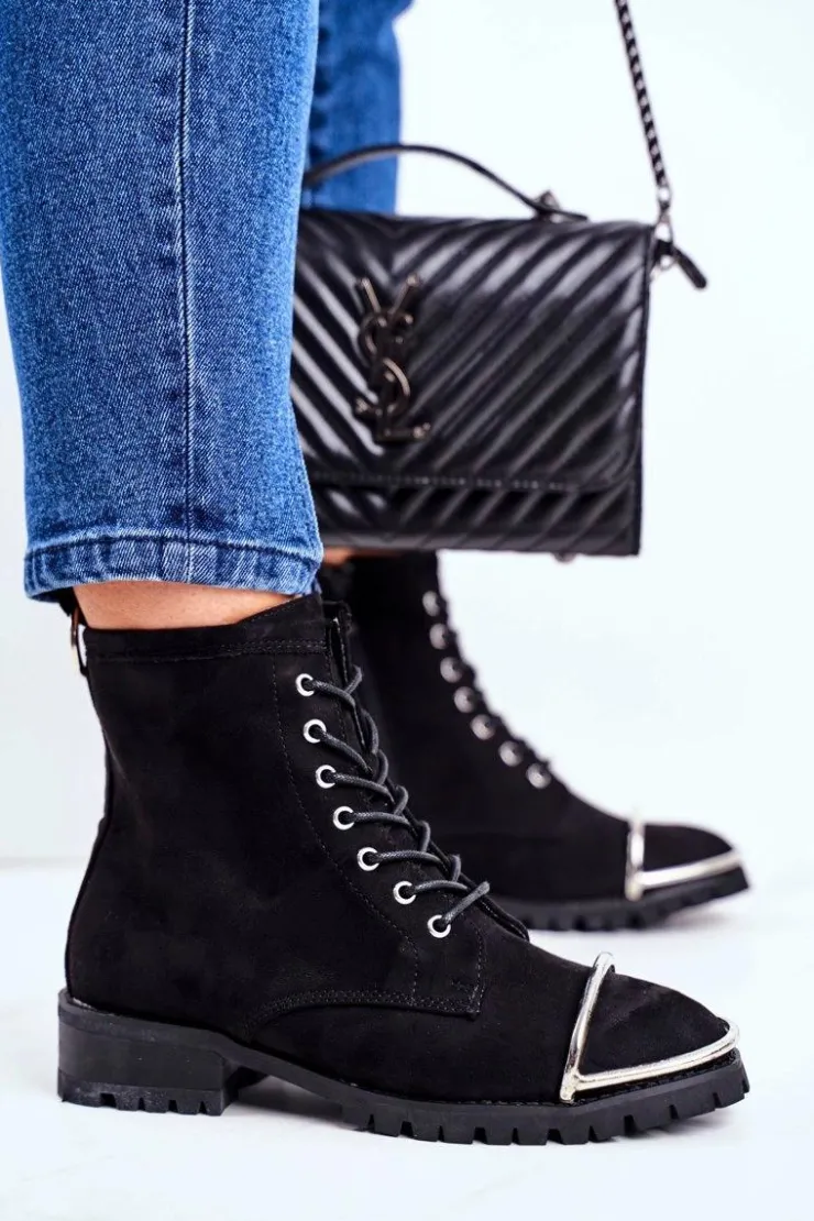 Boto Botki Sznurowane|Botki Workery*Botki Damskie Lu Boo Czarne Zamszowe Workery ze Stalową Oprawą Jacksy