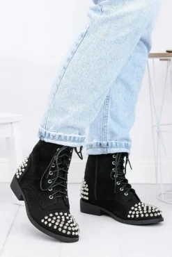 Damskie Boto Botki Damskie Lu Boo Zamszowe Czarne Workery z Ćwiekami Tension