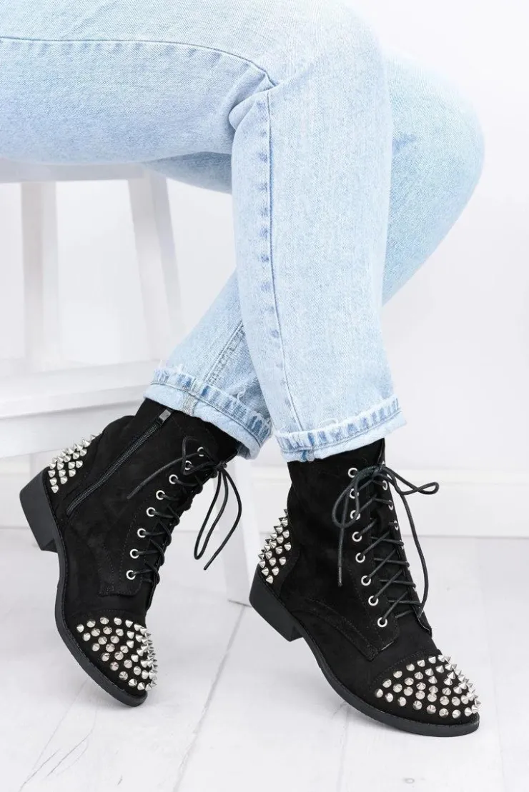 Damskie Boto Botki Damskie Lu Boo Zamszowe Czarne Workery z Ćwiekami Tension