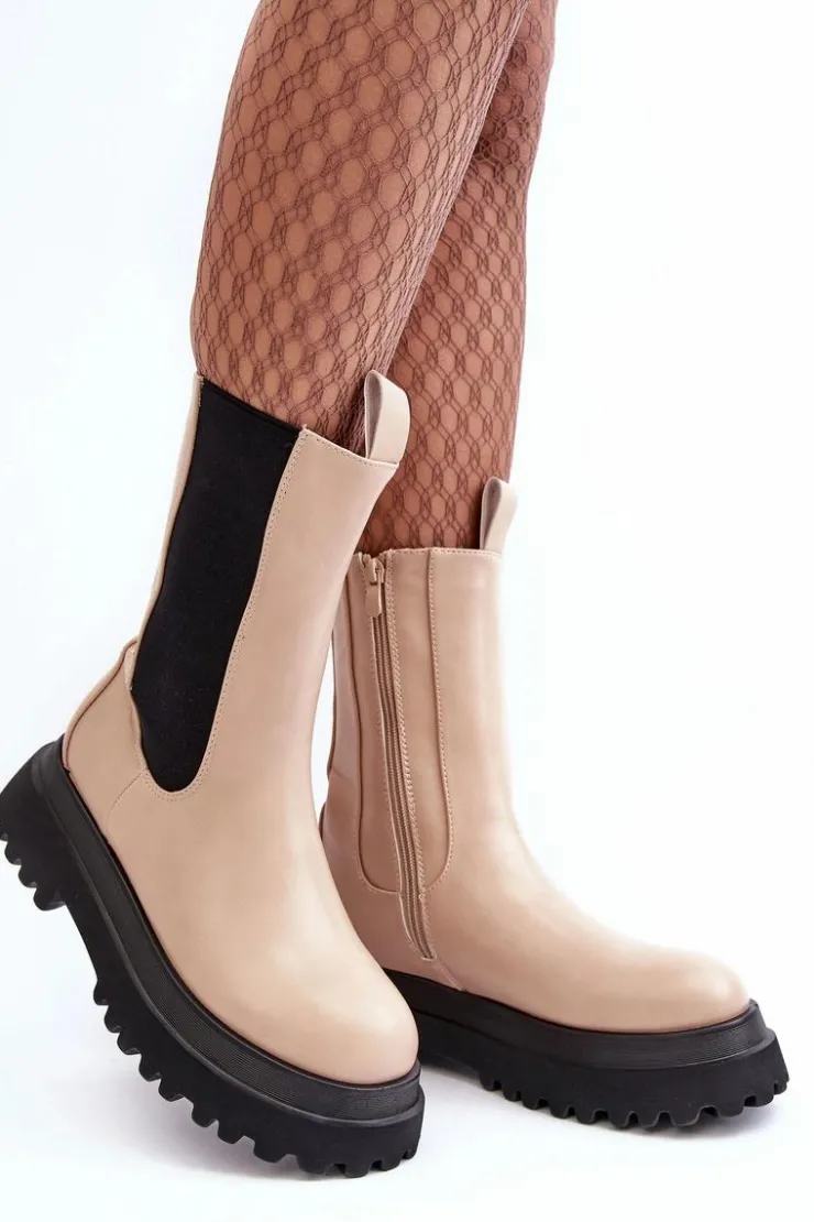 Boto Brązowe I Beżowe Botki|Botki Workery*Botki Damskie Masywna Platforma Beżowe Beatrice