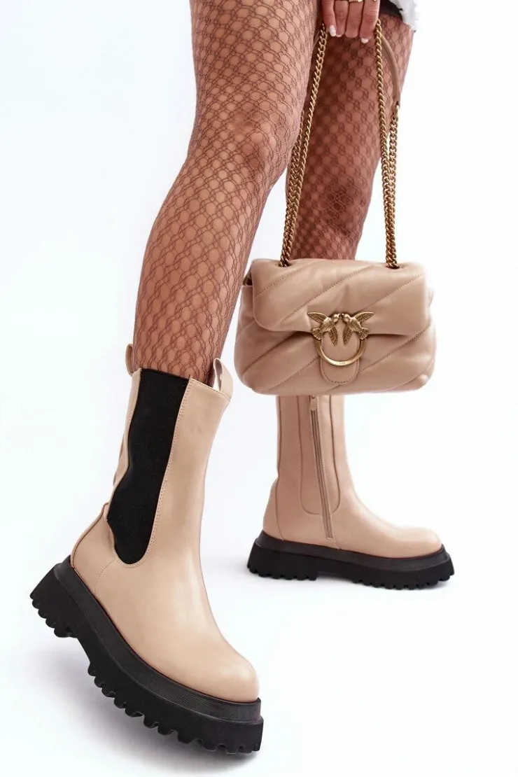 Boto Brązowe I Beżowe Botki|Botki Workery*Botki Damskie Masywna Platforma Beżowe Beatrice