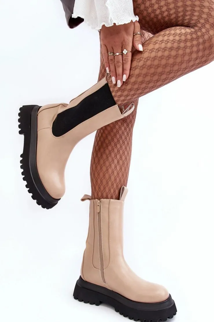 Boto Brązowe I Beżowe Botki|Botki Workery*Botki Damskie Masywna Platforma Beżowe Beatrice