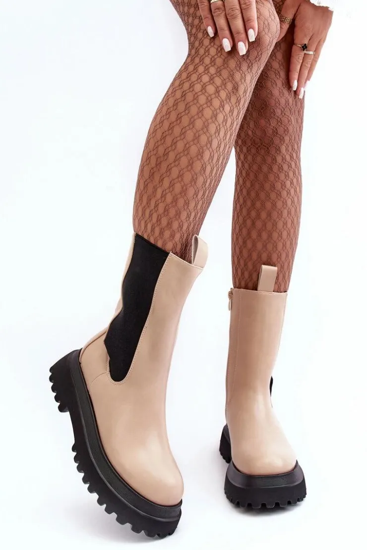 Boto Brązowe I Beżowe Botki|Botki Workery*Botki Damskie Masywna Platforma Beżowe Beatrice