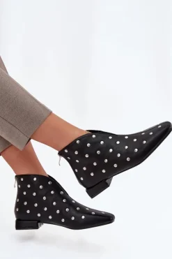 Best Boto Botki Damskie Na Delikatnym Obcasie Ze Srebrnym Zdobieniem Czarne Rosalind