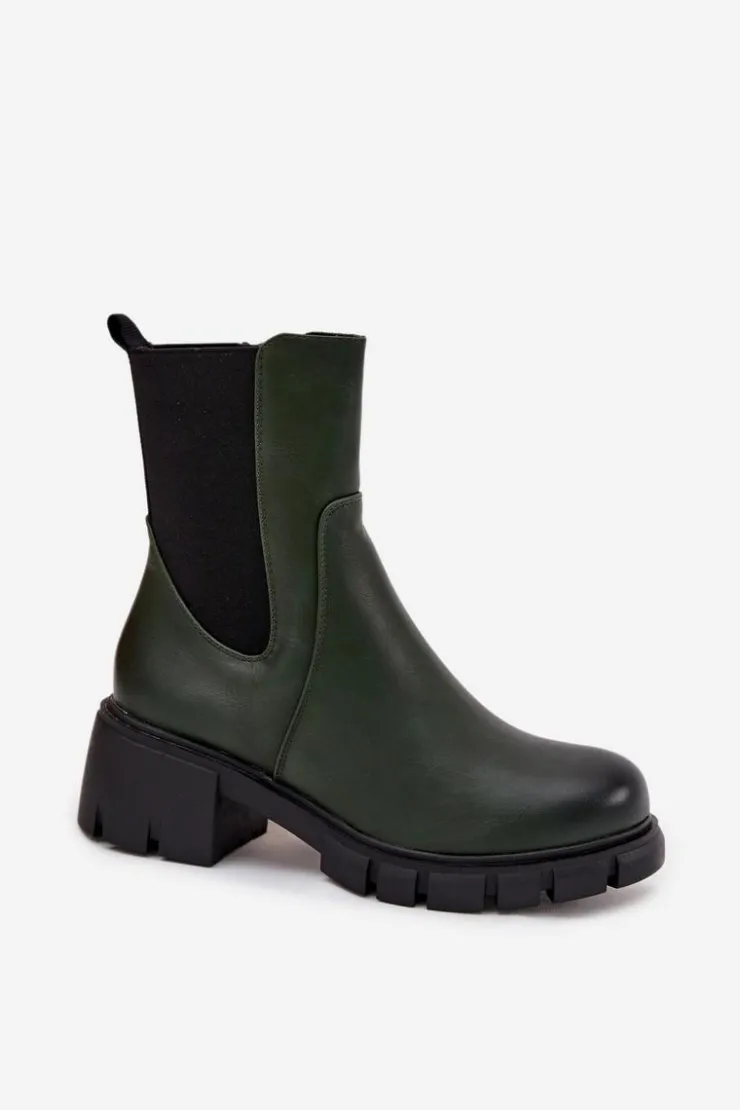 Damskie Boto Botki Damskie Na Klocku Eko Skórzane Ciemnozielone Kyra
