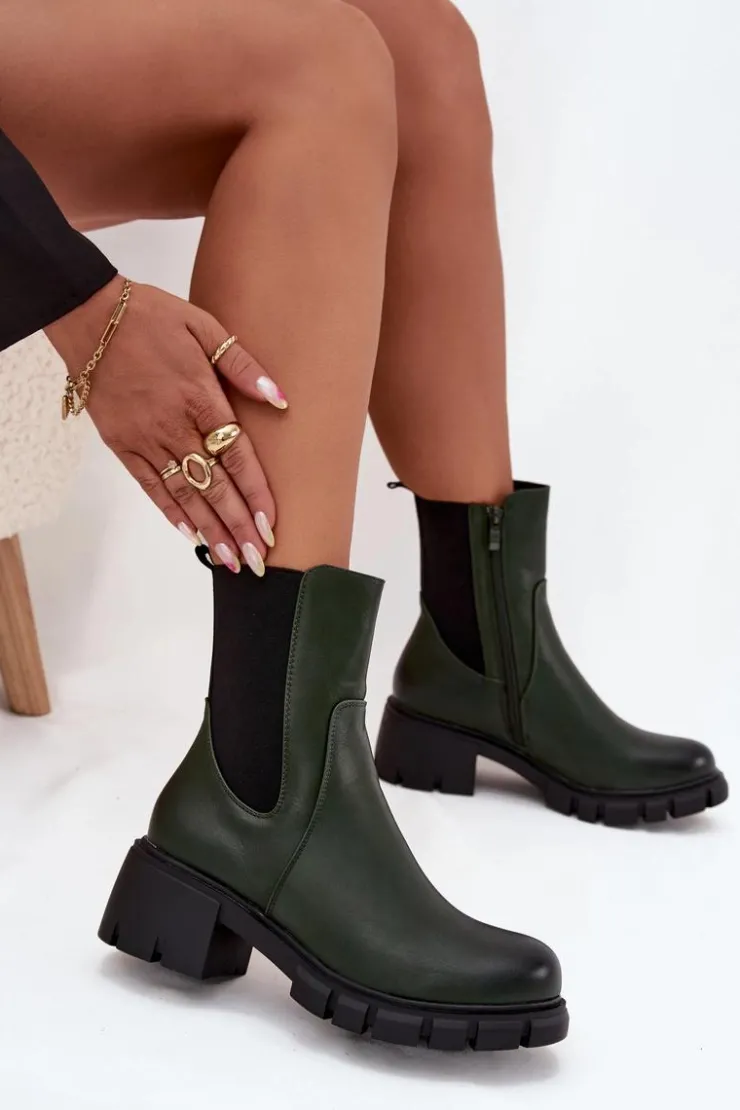 Damskie Boto Botki Damskie Na Klocku Eko Skórzane Ciemnozielone Kyra