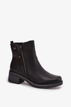 Damskie Evento Botki Damskie Na Klocku Ocieplane Czarne Kalivana