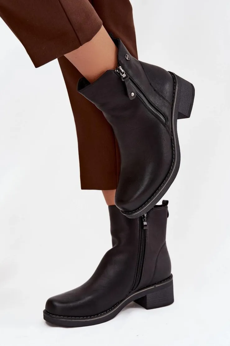 Damskie Evento Botki Damskie Na Klocku Ocieplane Czarne Kalivana