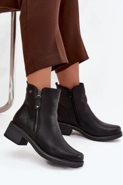 Damskie Evento Botki Damskie Na Klocku Ocieplane Czarne Kalivana