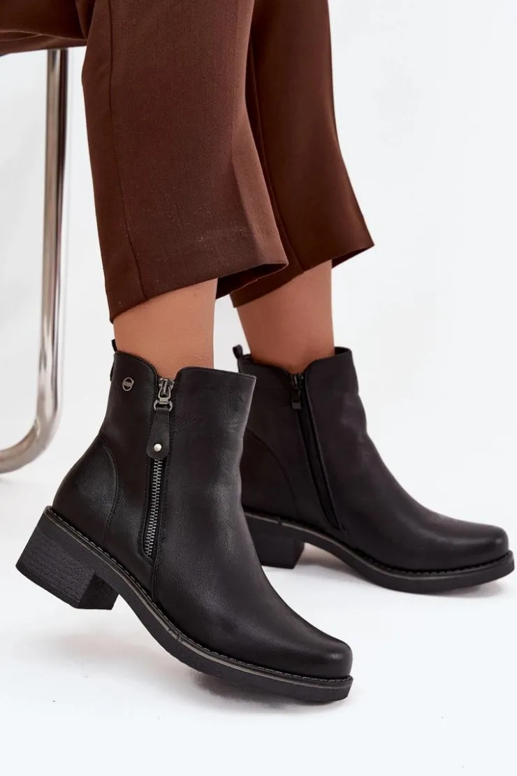 Damskie Evento Botki Damskie Na Klocku Ocieplane Czarne Kalivana