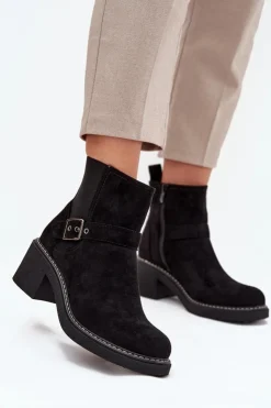 Sale Boto Botki Damskie Na Klocku Z Klamrą Czarne Nymera Czarny
