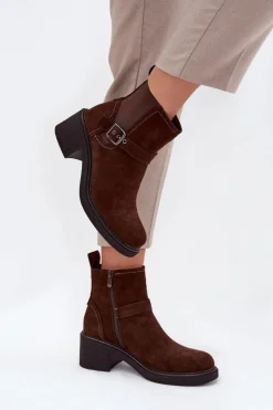 Discount Boto Botki Damskie Na Klocku Z Klamrą Brązowe Nymera