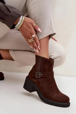 Discount Boto Botki Damskie Na Klocku Z Klamrą Brązowe Nymera