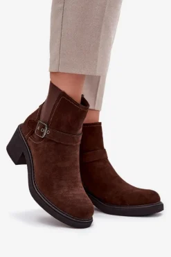 Discount Boto Botki Damskie Na Klocku Z Klamrą Brązowe Nymera