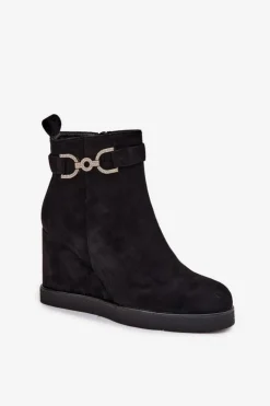 Damskie Boto Botki Damskie Na Koturnie Z Ozdobnym Detalem Czarne Marivana