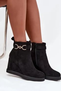 Damskie Boto Botki Damskie Na Koturnie Z Ozdobnym Detalem Czarne Marivana