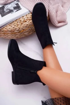 Outlet Boto Botki Damskie na Koturnie Zamsz Czarne Tema