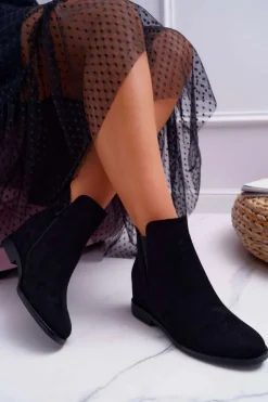 Outlet Boto Botki Damskie na Koturnie Zamsz Czarne Tema